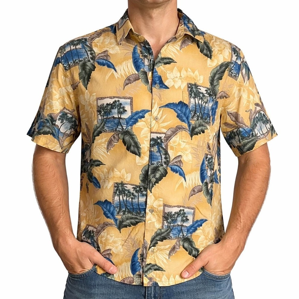 Campia Moda Hawaiian Aloha Shirt Large Palms Islands‎ Tropical Gold Yellow